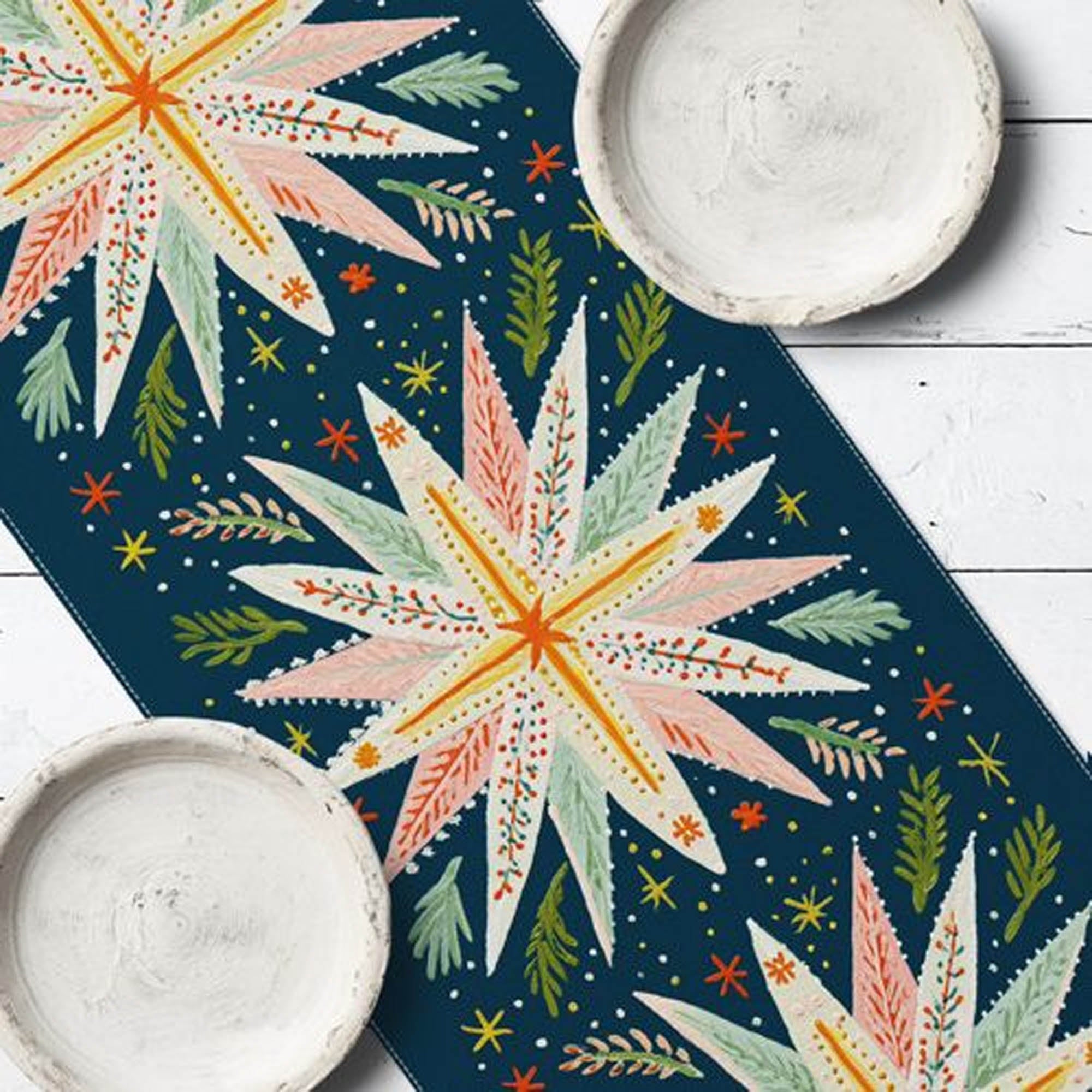 Доріжка на стіл ЗІРКИ ТА ХВОЯ НА СИНЬОМУ ФОНІ