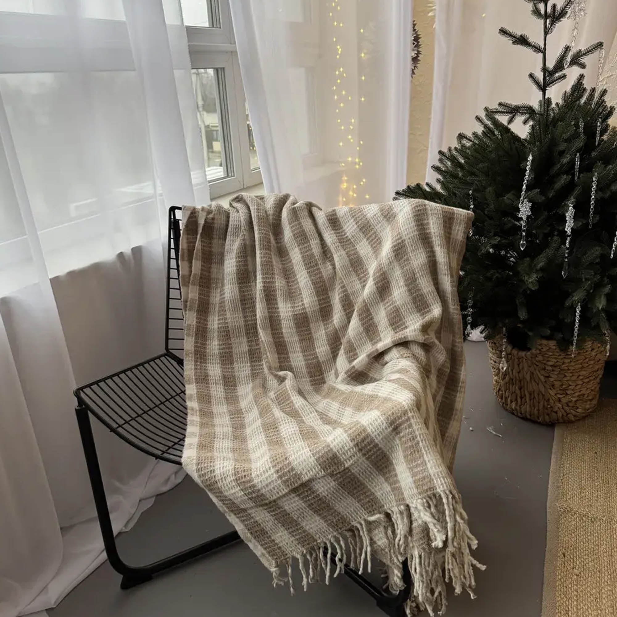 Плед бавовняний ЕДИНБУРГ з бахромою, бежевого кольору