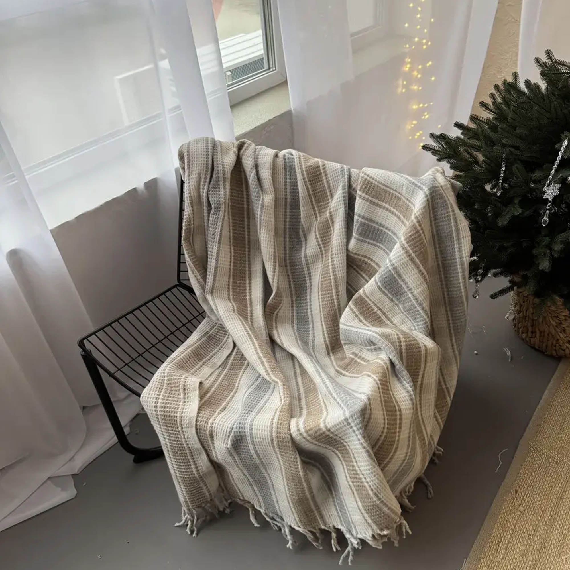 Плед бавовняний ЕДИНБУРГ з бахромою, бежевого-сірий