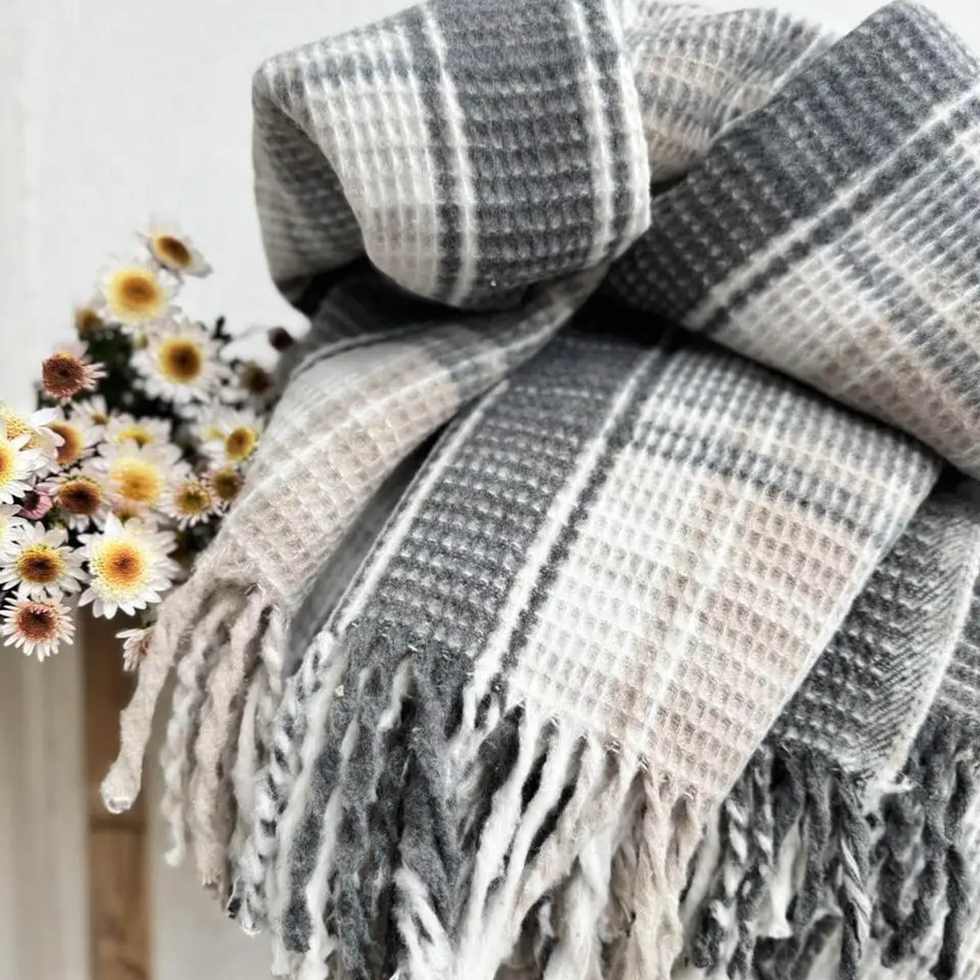 Плед бавовняний ЕДИНБУРГ з бахромою, сірого кольору