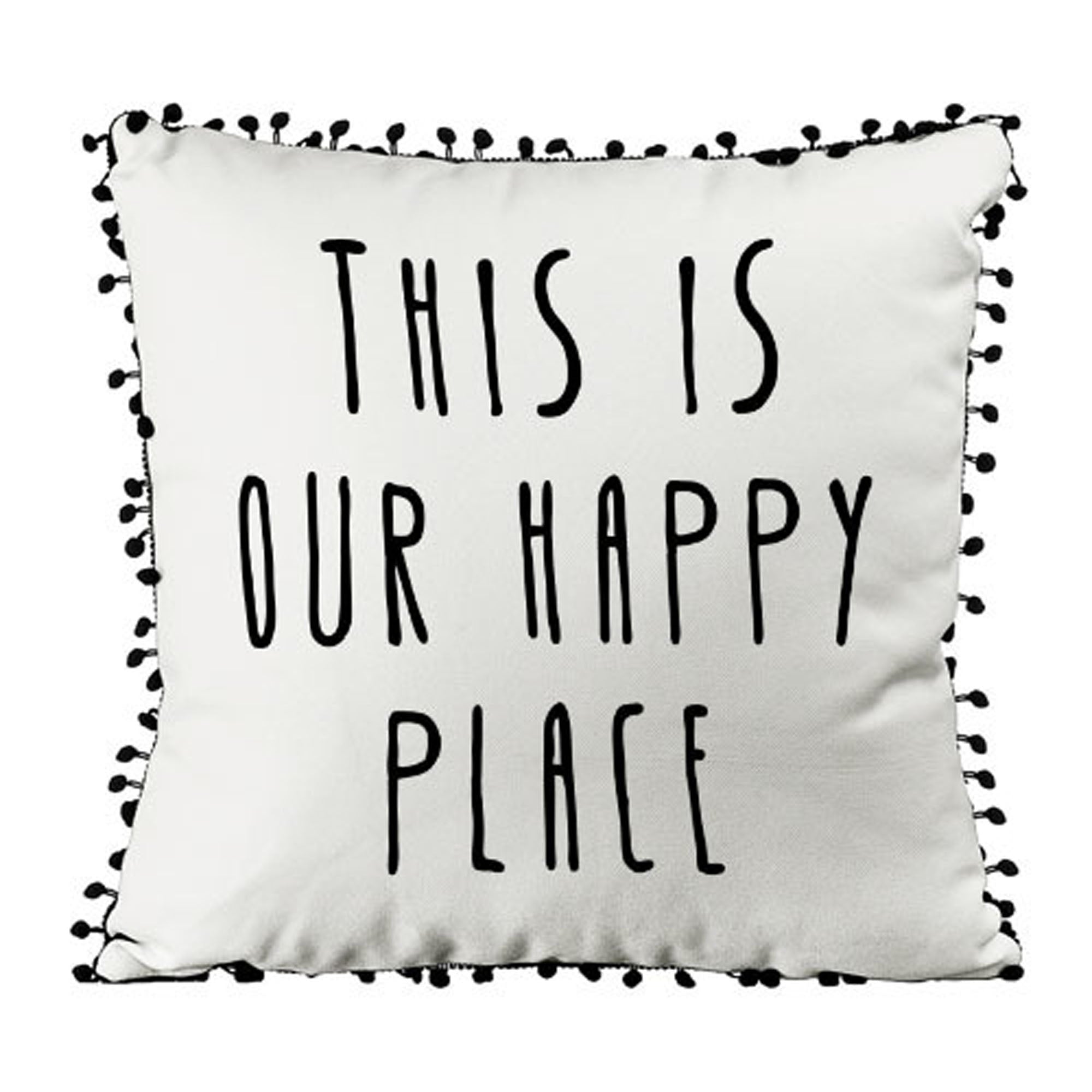 Подушка декоративна з помпонами THIS IS OUR HAPPY PLACE
