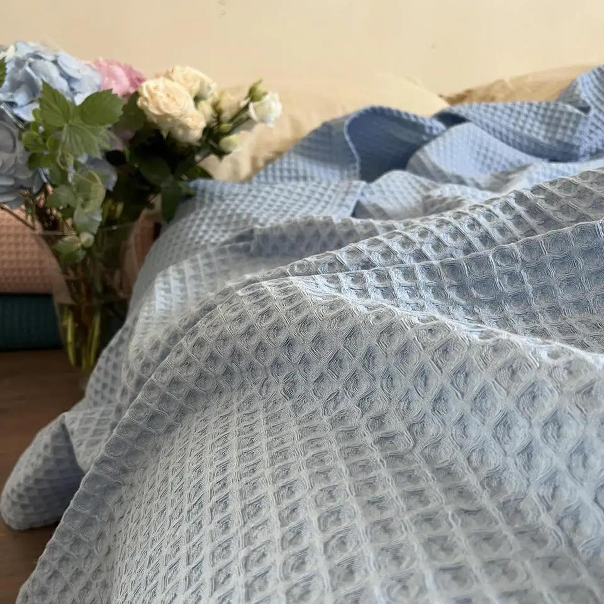 Покривало вафельне бавовняне GREECE, блакитний