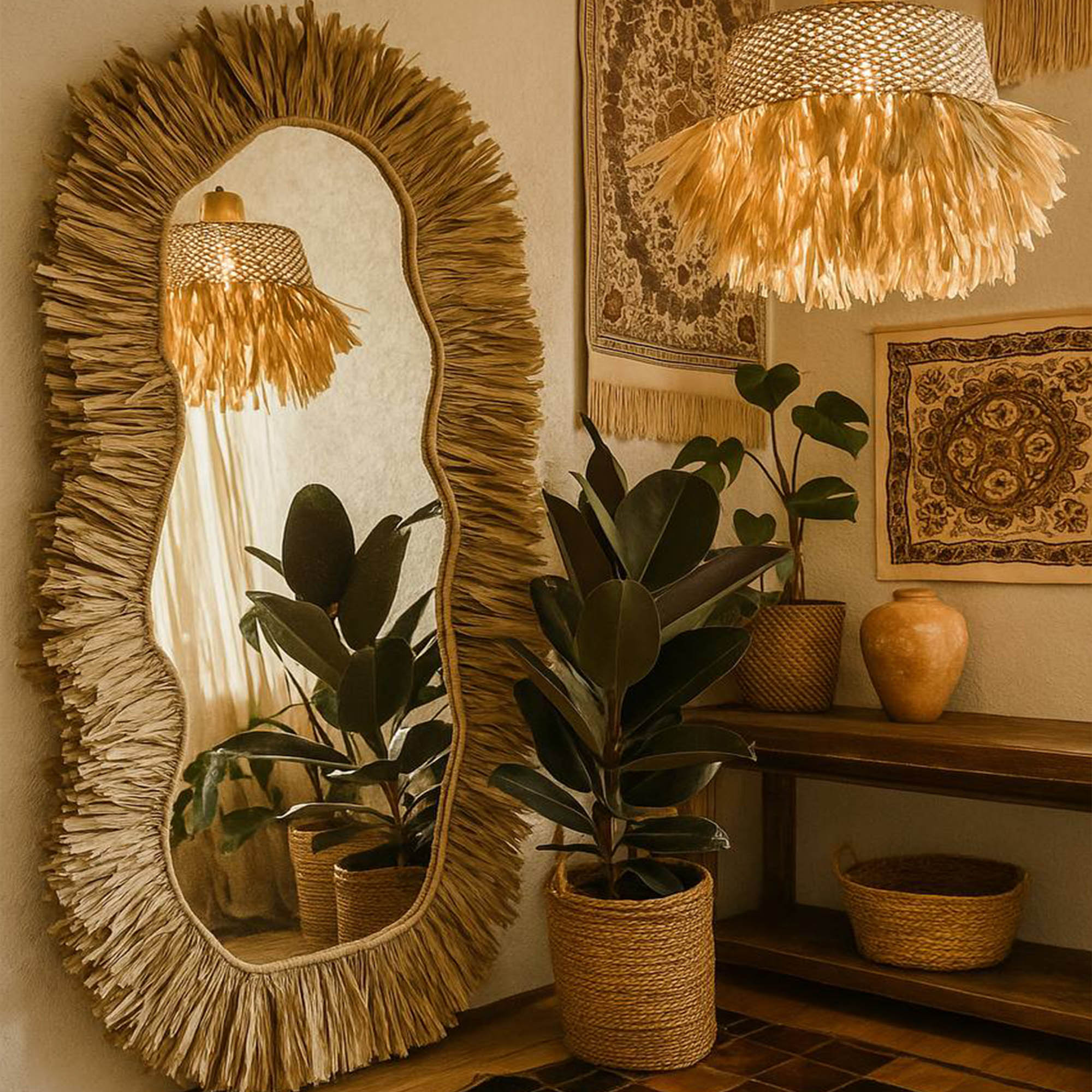 Зеркало фигурное с креплением, рафия.