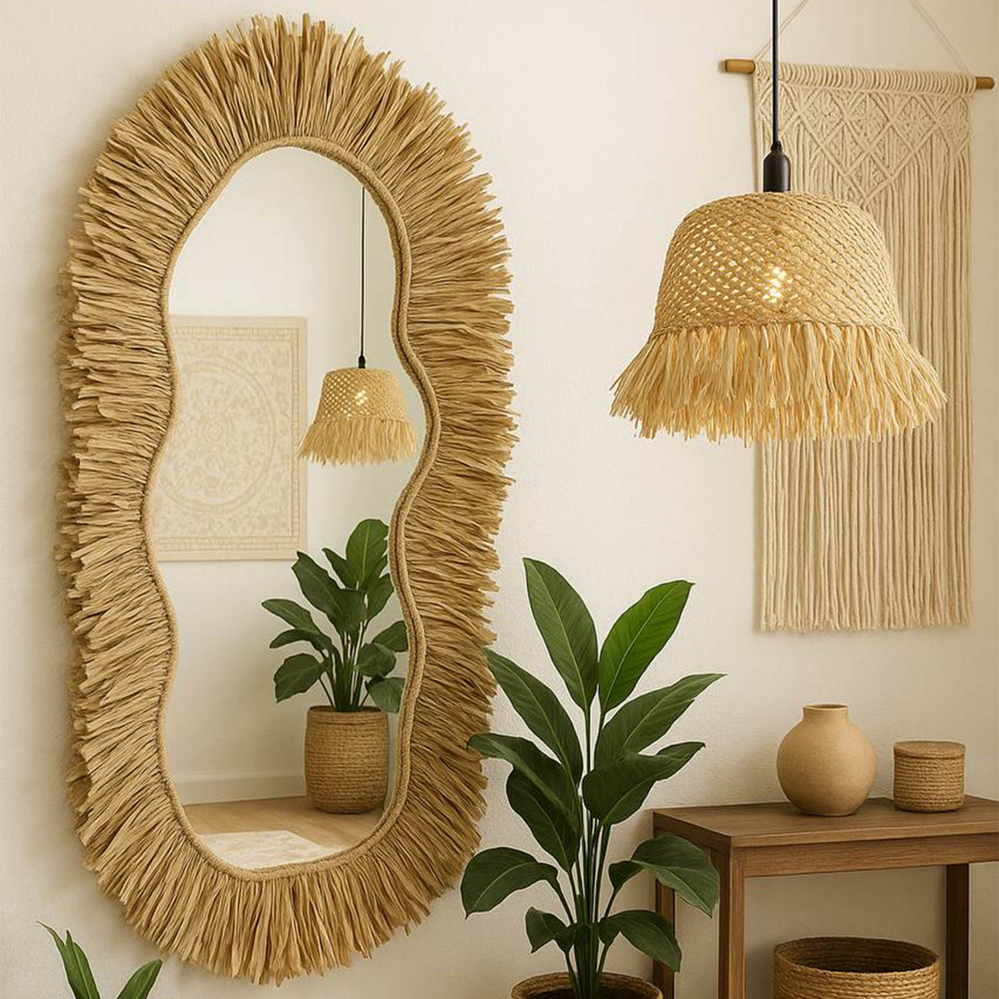 Зеркало фигурное с креплением, рафия.