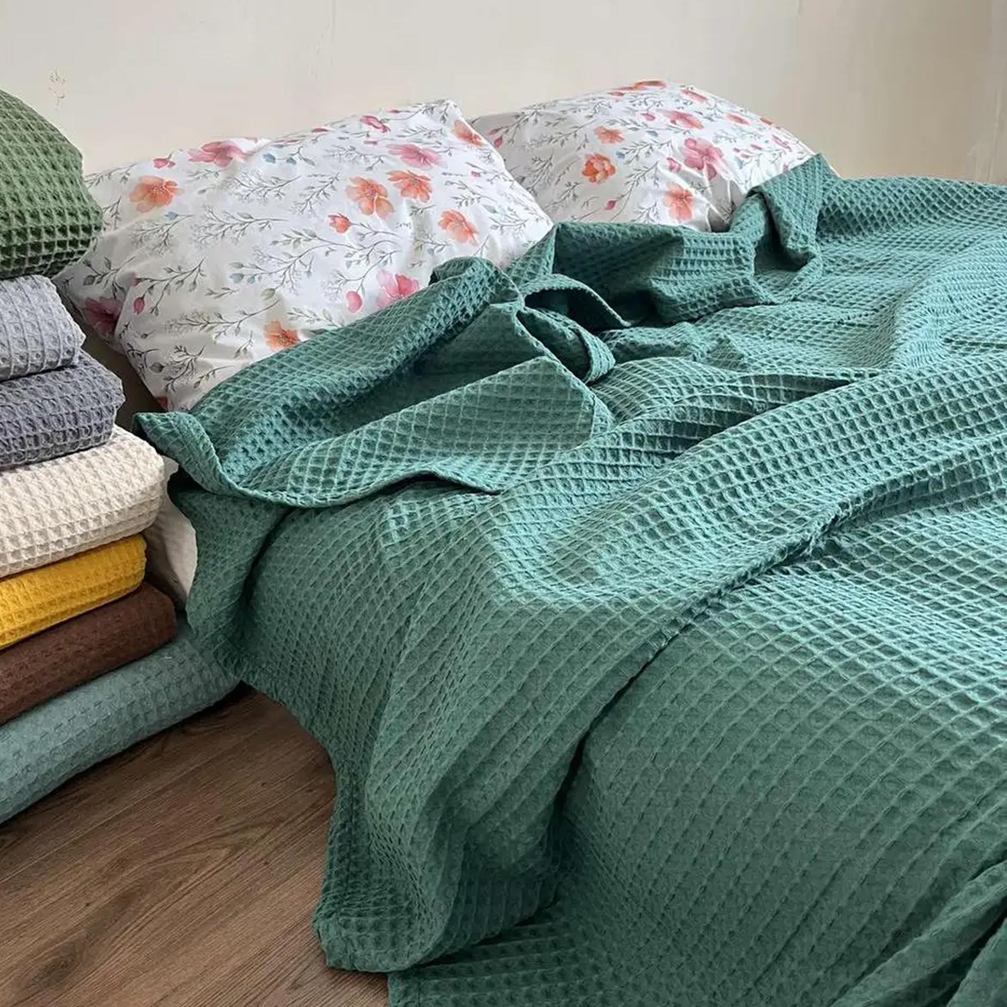 Покривало вафельне бавовняне GREECE, зелений смараг