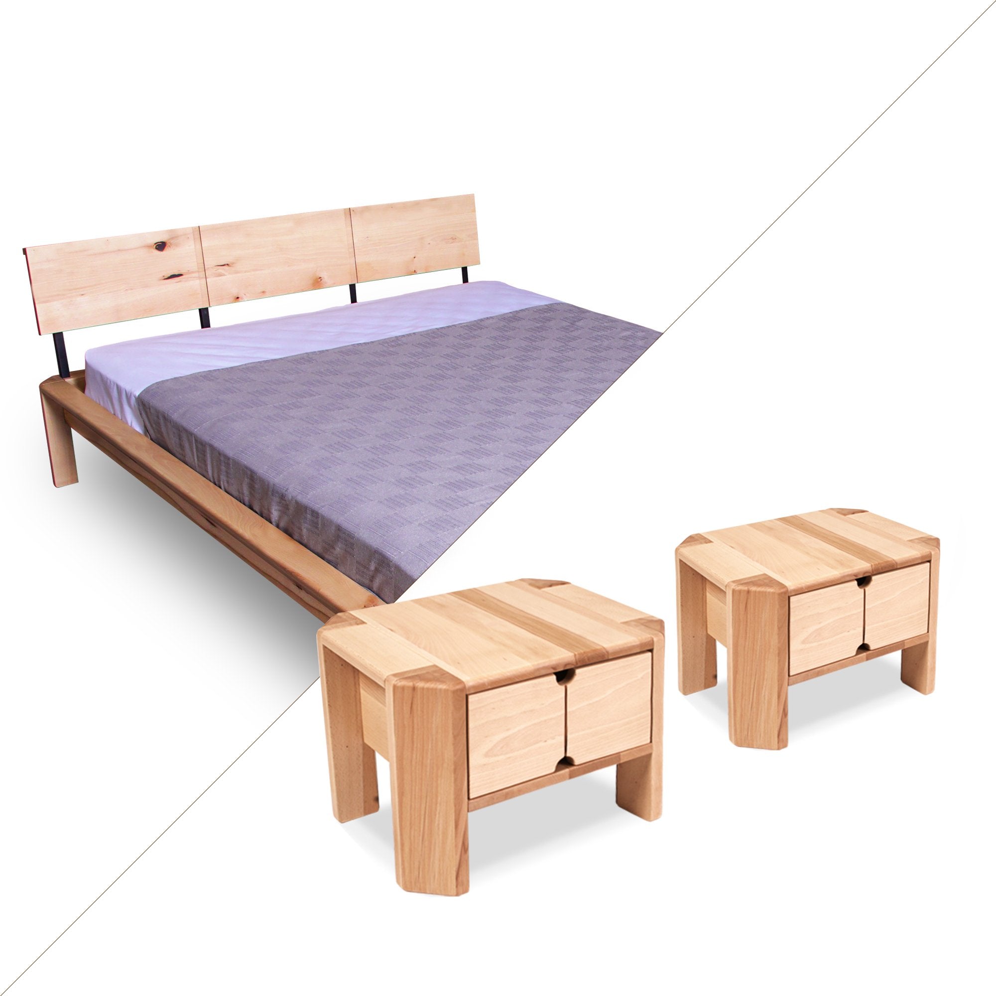 Комплект мебели LOFT натурального цвета, кровать + 2 прикроватные тумбы